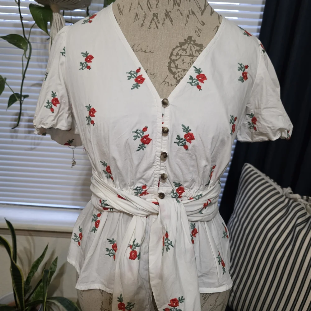 Anthropologie Maeve Embroidered White Floral Wrap Blouse with Red Rose